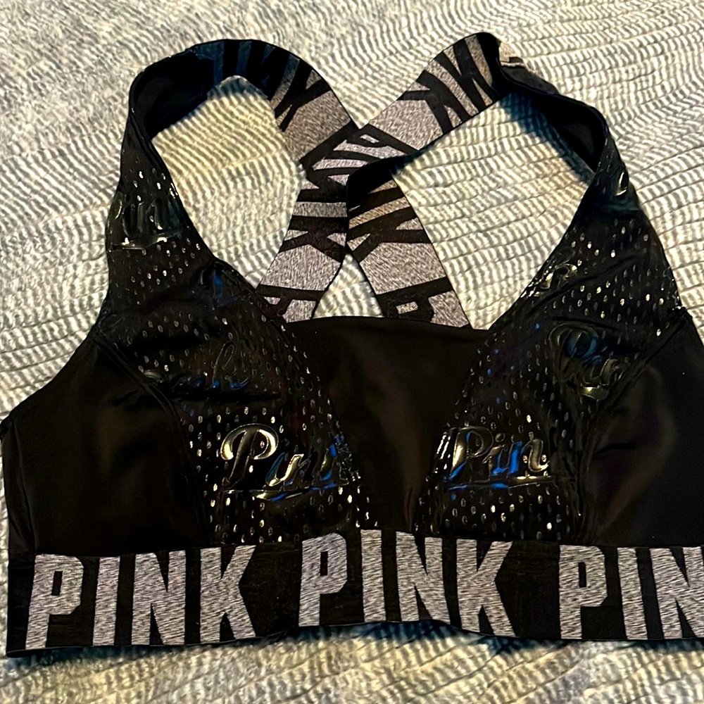 Pink logo racerback sports bra